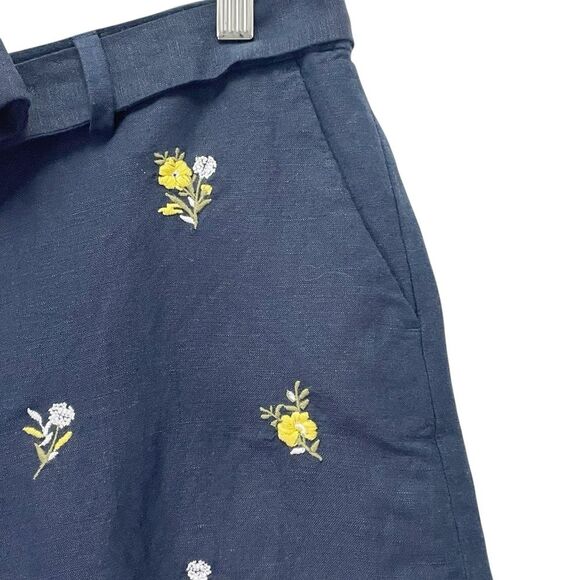 NWT LOFT Navy Blue Floral Embroidered Tie Waist Shorts Size 10 Linen Blend New - Picture 7 of 12